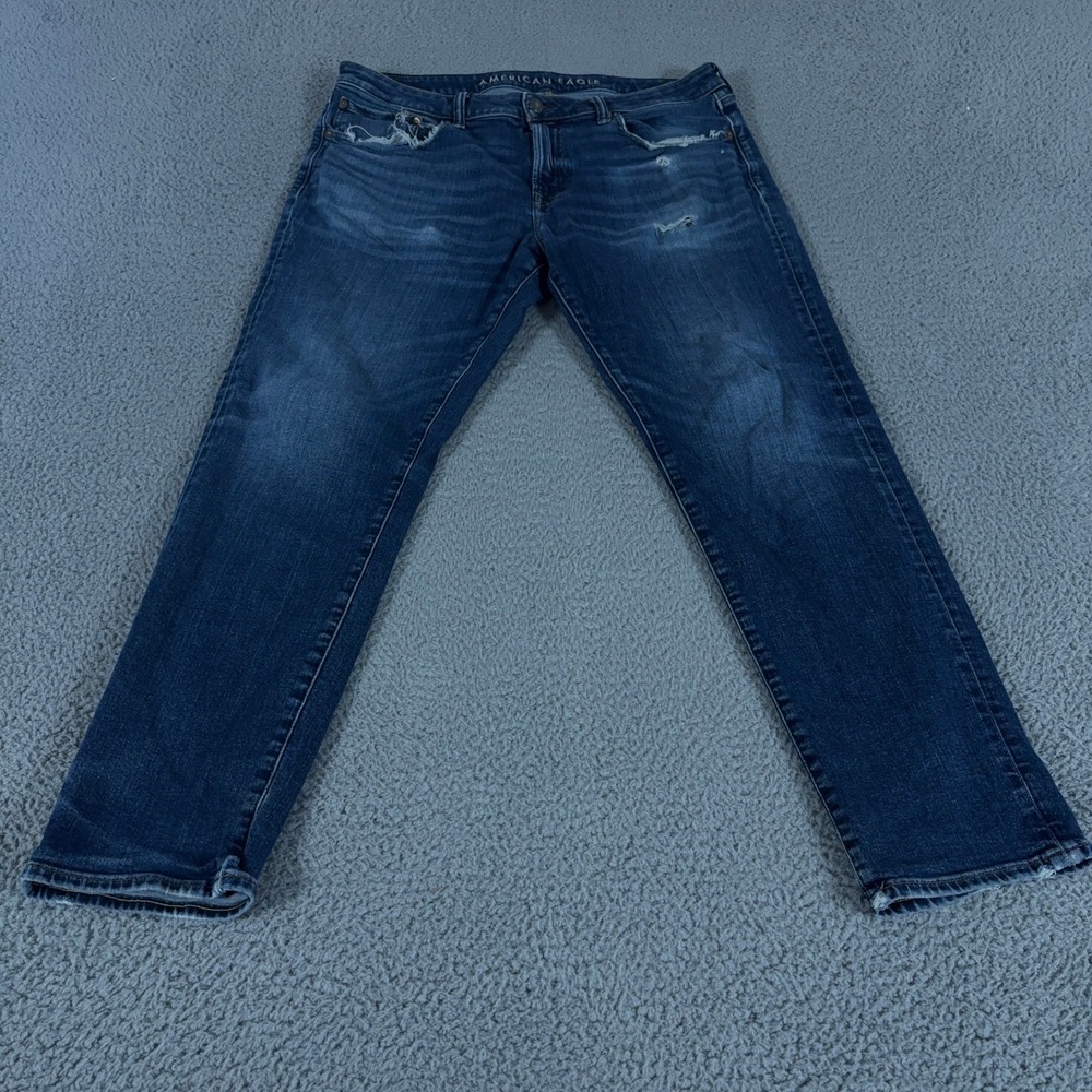 American Eagle Jeans Mens 36x32 Blue Slim Straight Airflex Distressed Denim